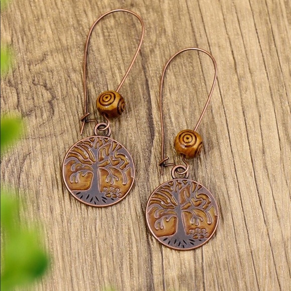 Jewelry - Vintage Style Brown Patina Tree of Life Coin Dangle Earrings